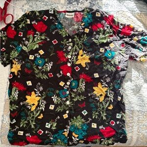 Bentley Woman Floral Button-Front Top in Black with Multicolor Blooms